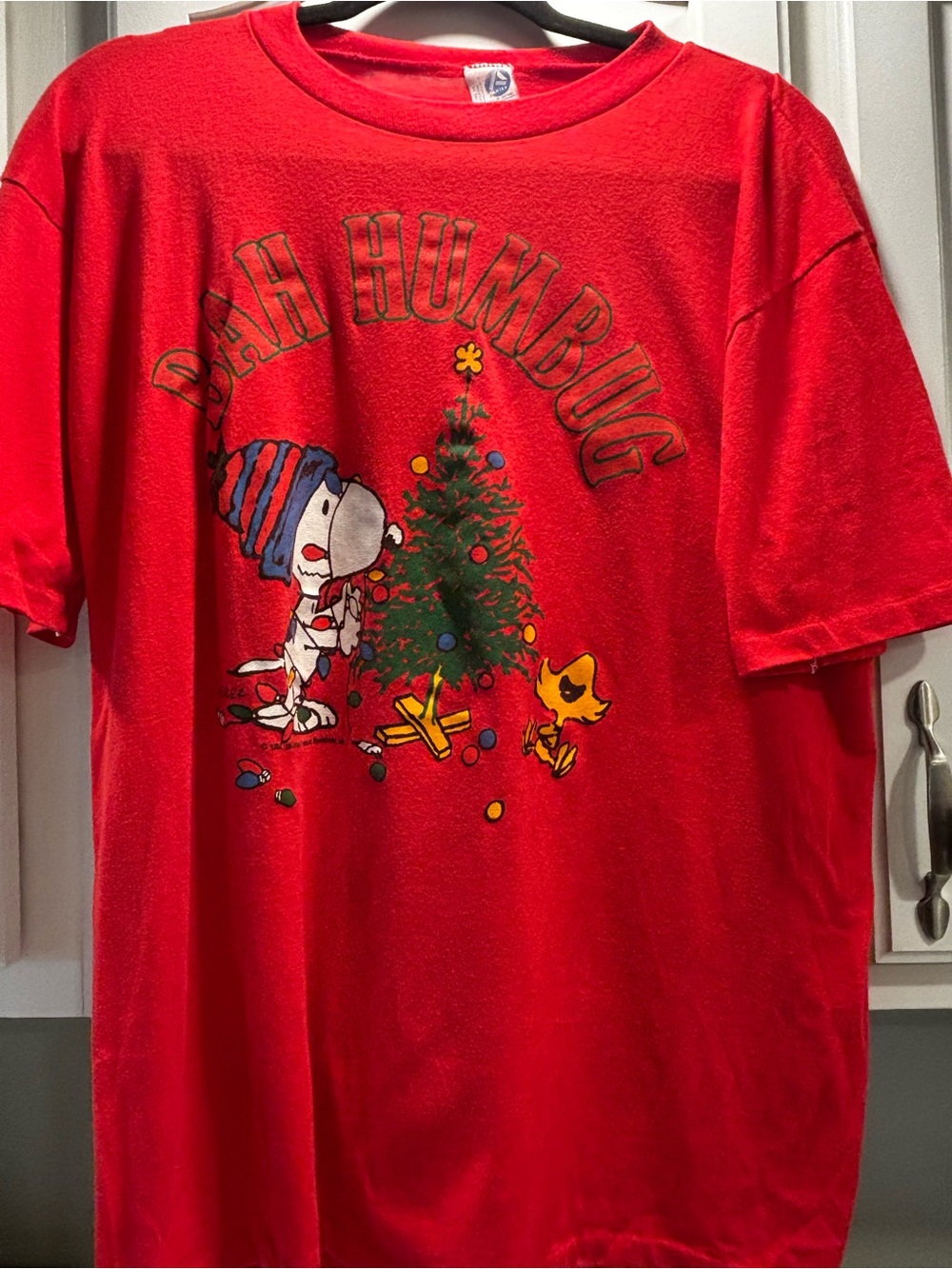 Vintage Peanuts Red Holiday Tee with Snoopy & Woodstock Tree Graphic